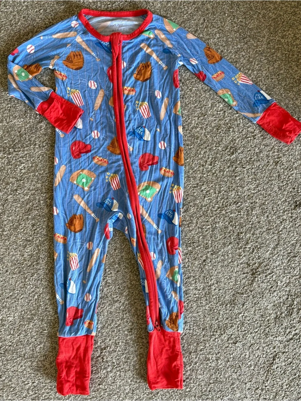 Little Sleepies Blue Baseball-Print Footed One-Piece with Red Trim